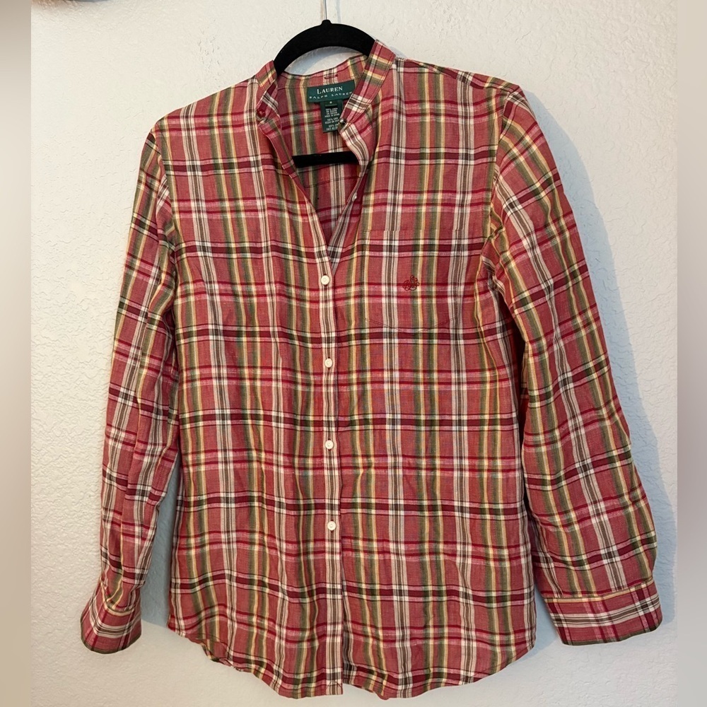 Lauren Ralph Lauren Linen Shirt Red Brown Plaid Button Up Rollup Sleeves
